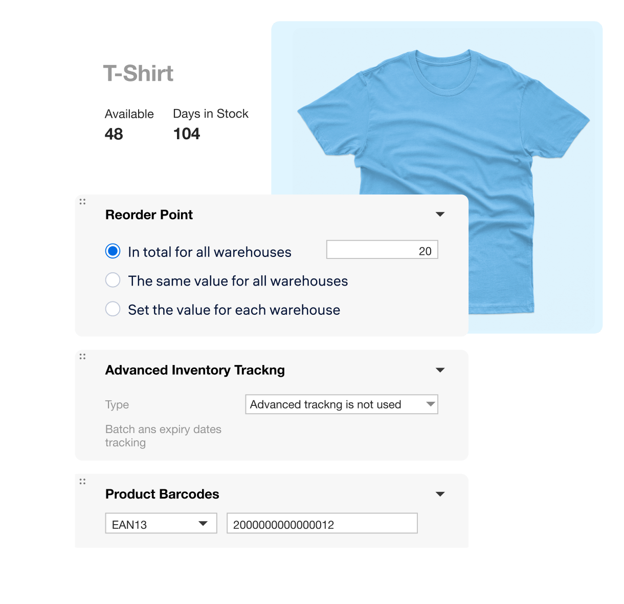 Product card displaying the T-shirt image, barcodes, and advanced inventory tracking details in Kladana