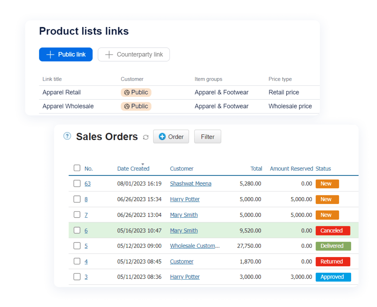 Digital catalogs with retail & wholesale prices, plus a sales order list displaying order statuses, totals, and customer details in Kladana