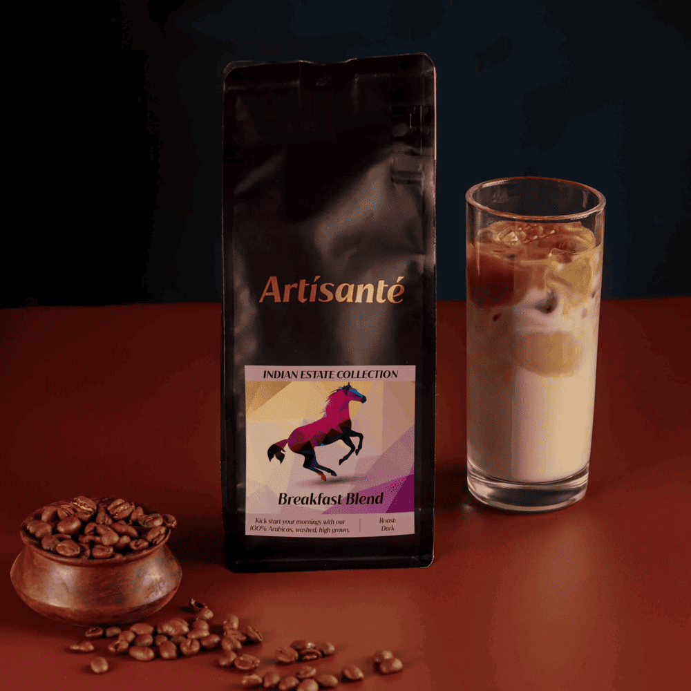 Image showcasing the packaging of Artisanté’s breakfast coffee blend, coffee beans, and a cocktail made from it