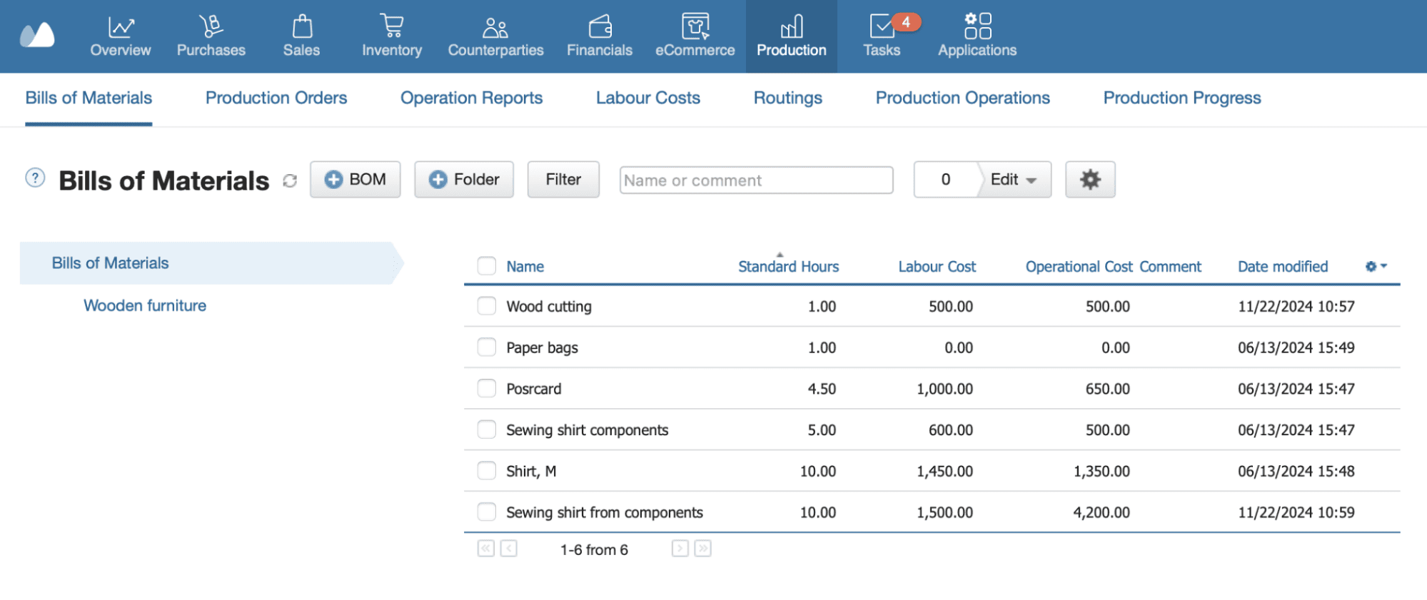 A screenshot of the created Bills of Materials with their description in Production Module of Kladana