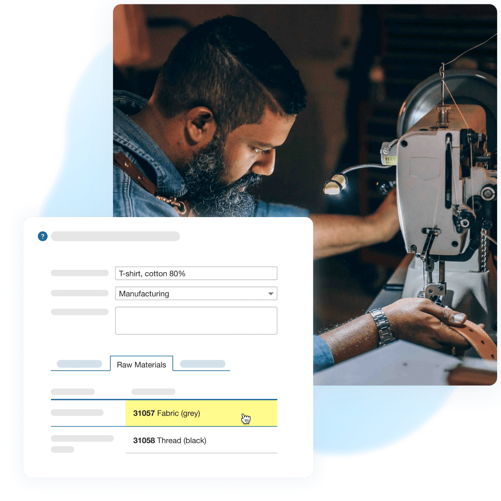 BOM listing raw materials, quantities, costs, and step-by-step production routing for a T-shirt in Kladana