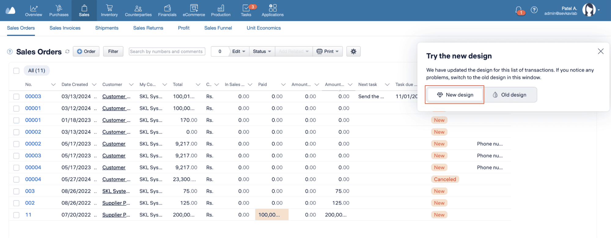 List of all orders with counterparties, total amount, quantity, and assigned tasks