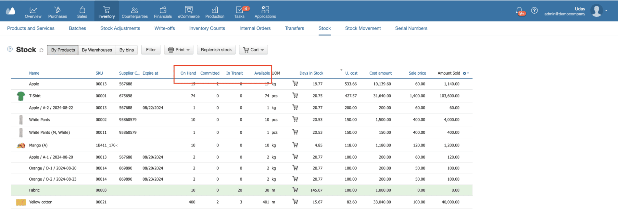 Report displaying stock levels by product, warehouse, and storage bin