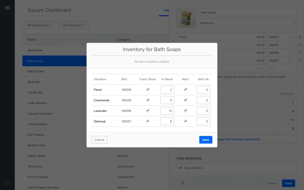 Square Inventory Dashboard Inventory dashboard displaying products with variants, SKUs, stock levels, availability, and low stock alerts.