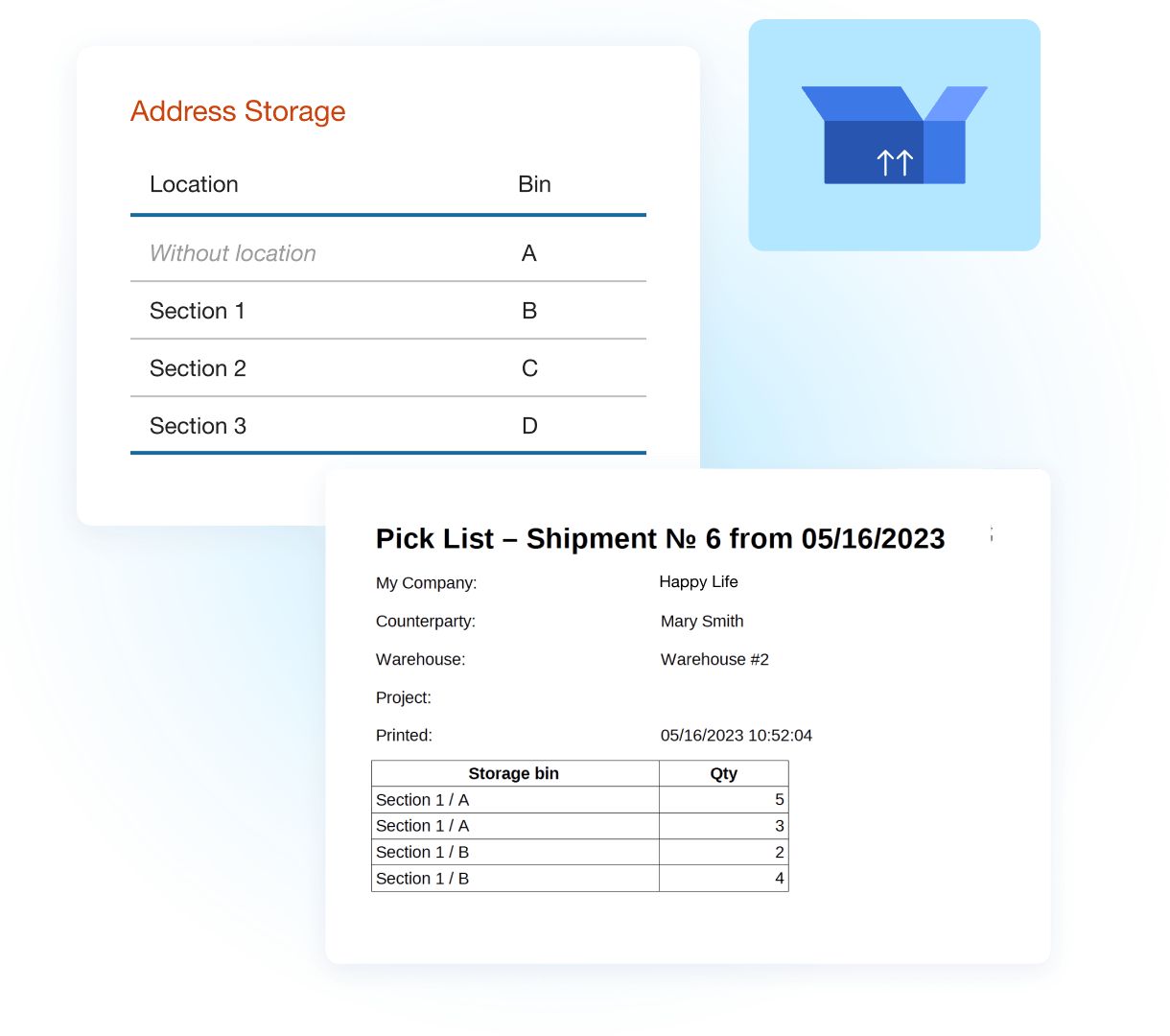 Kladana Bin and Location-Based Storage Inventory storage view in Kladana showing items organized by warehouse zones and bin locations