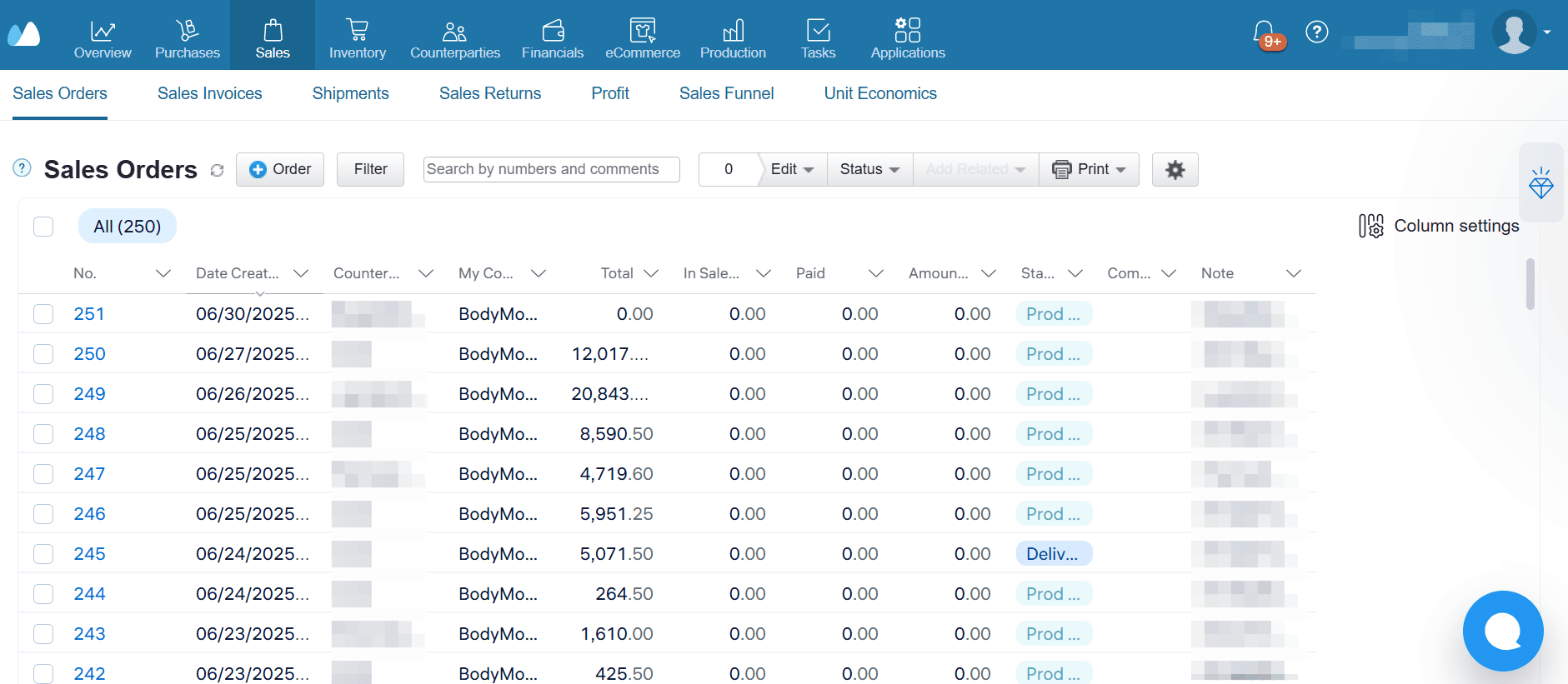 Body Motion Sales Order List in Kladana List displaying sales order statuses, client details, total amounts, and notes