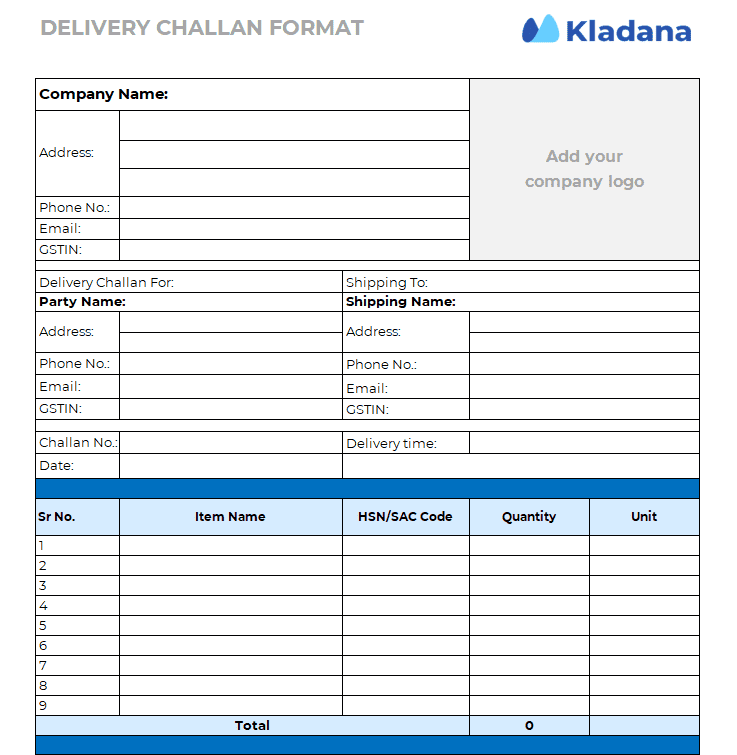 Delivery Challan Format Sample Template 1 A blank Delivery Challan sample template with sections for sender, recipient, item details, and tax calculations