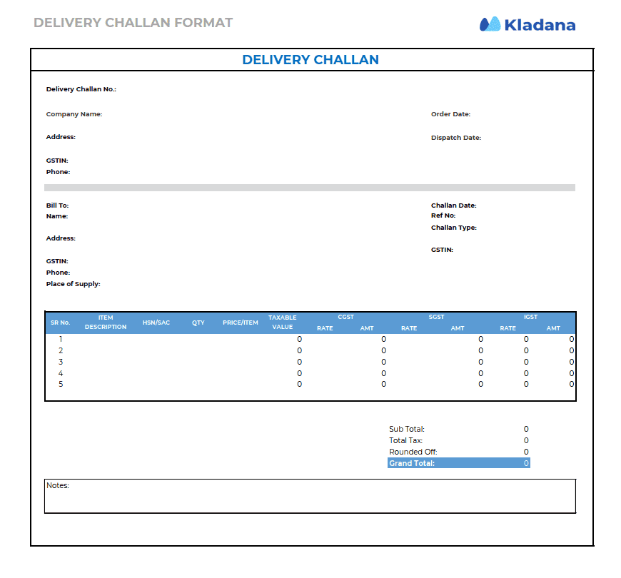 Delivery Challan Format Sample Template 2 A blank Delivery Challan sample template with sections for sender, recipient, item details, and tax calculations