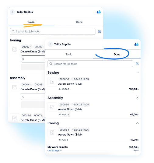 Employee Dashboard in Kladana Shop Floor Software Shop Floor App view for an employee showing assigned operations like sewing, assembly, and ironing, along with task-based earnings for a selected time period
