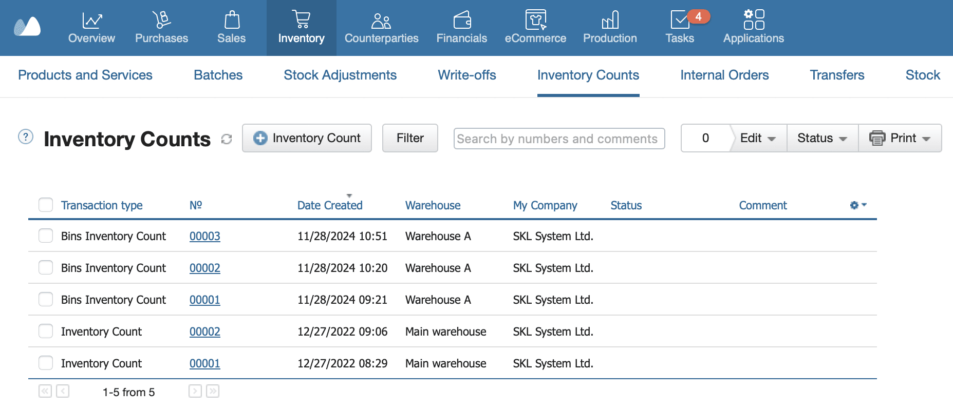 Kladana Inventory Counts Dashboard A screenshot demonstrating inventory counts records held in Kladana ERP