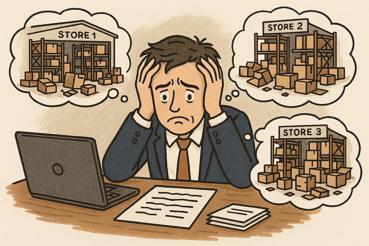 Mr. Freeman Failed at Multi-Site Stock Management A picture showing desperate business owner who doesn’t succeed in multi-warehouse inventory